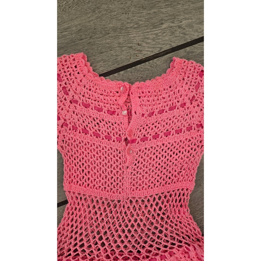 Handmade Pink Crochet Dress Kids Ribbon Accent Open Weave Vintage Style - Picture 3 of 6